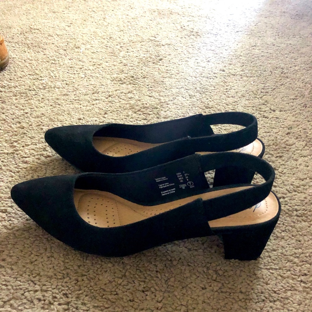 Black suede low heels
